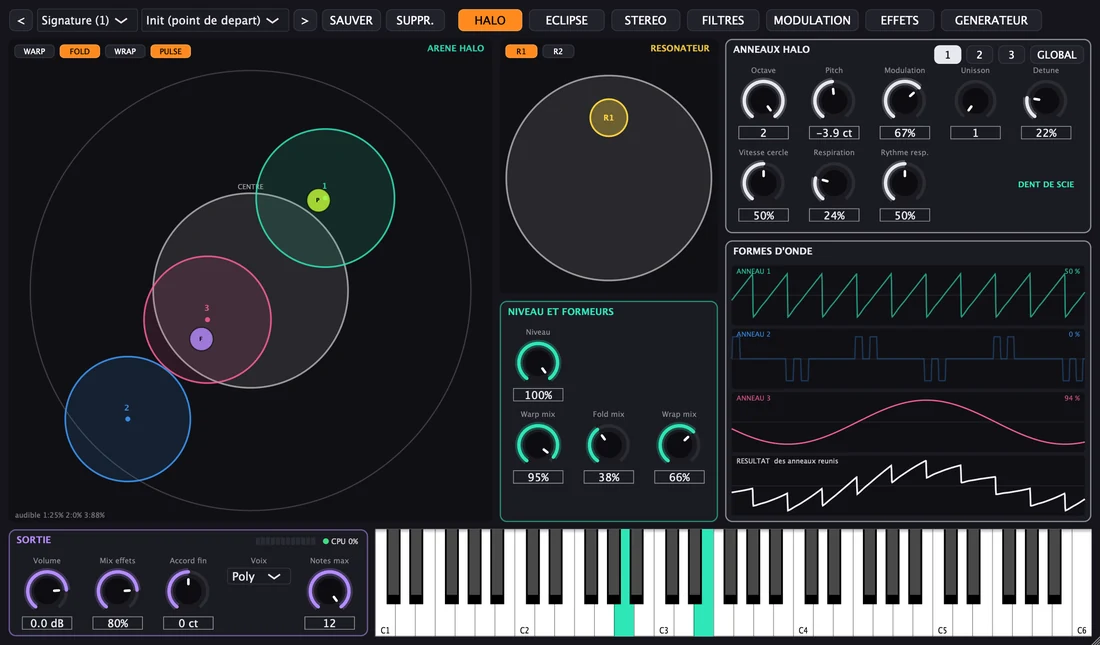 Interface de BrickS Arena, synthétiseur pro — deux moteurs, double filtre, matrice