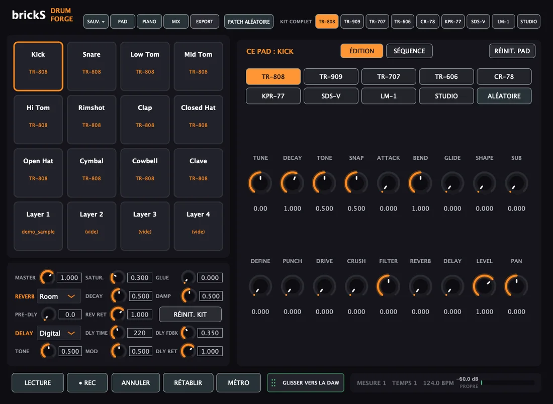 Interface de DrumForge, boîte à rythmes générative