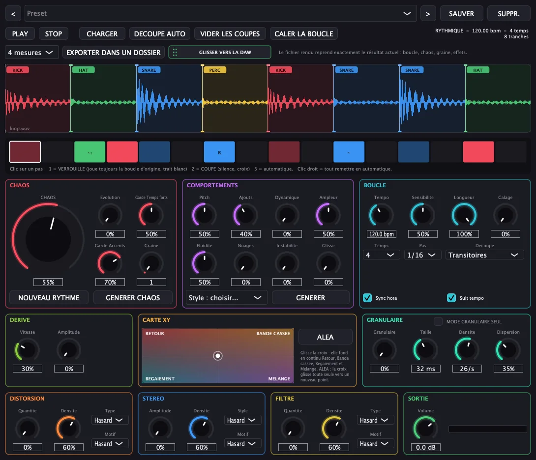 Interface de Fracture, découpeur rythmique à chaos — instrument & effet