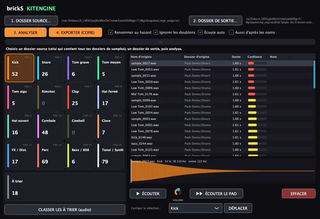 Interface de KitEngine, outil de classement de samples