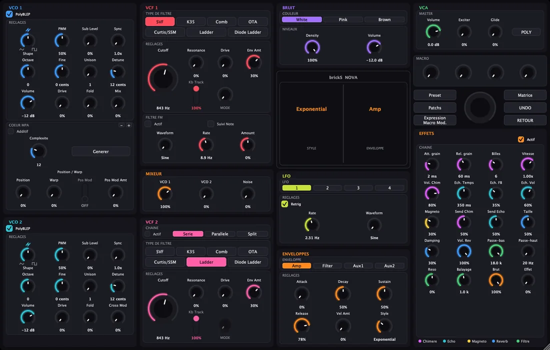 Interface de Nova, synthétiseur polyphonique